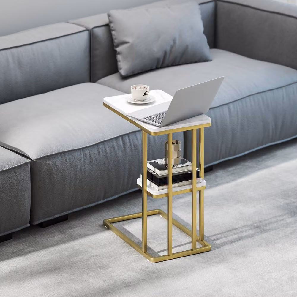 STILVORA 2-Tier Side Table with White Marble Effect and Gold Accents – 2