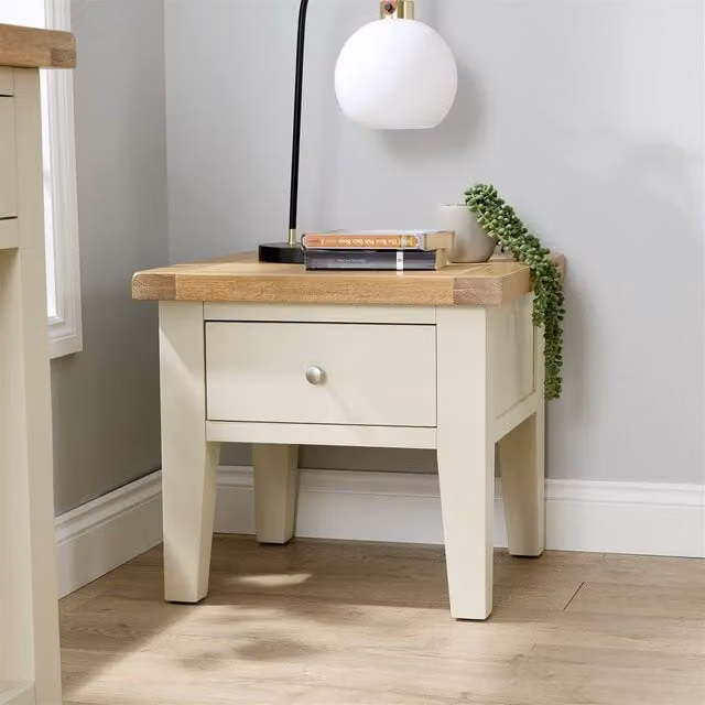 Home Source Solid Wood 1 Drawer Bedside Cabinet with Oak Top in White, W/D/H: 50 x 55 x 55 cm