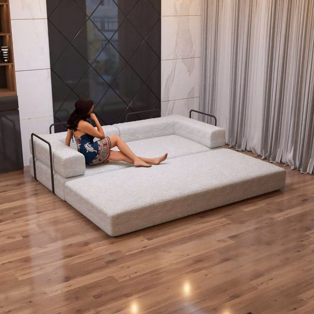 Sliding Wardrobes 4U 3 Seater Convertible Sofa Bed in White Sherpa Bouclé Fabric with Metal Frame, W/D/H: 203 x 72 x 72 cm – 3