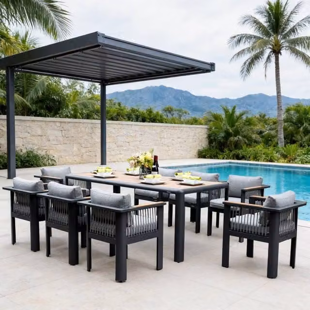 MIMO Grey Aluminum Outdoor Garden Dining Table Set with 8 Teak Armrest Chairs