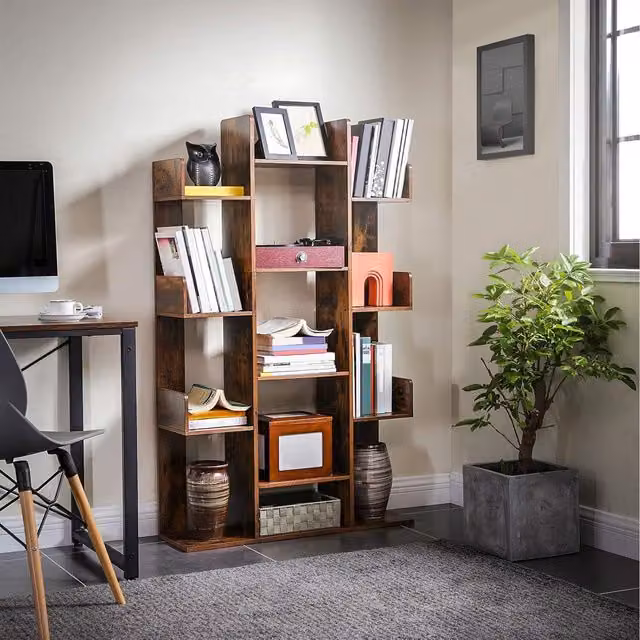 VASAGLE Industrial Tree-Shaped Bookcase with 13 Shelves in Bronze and Brown
