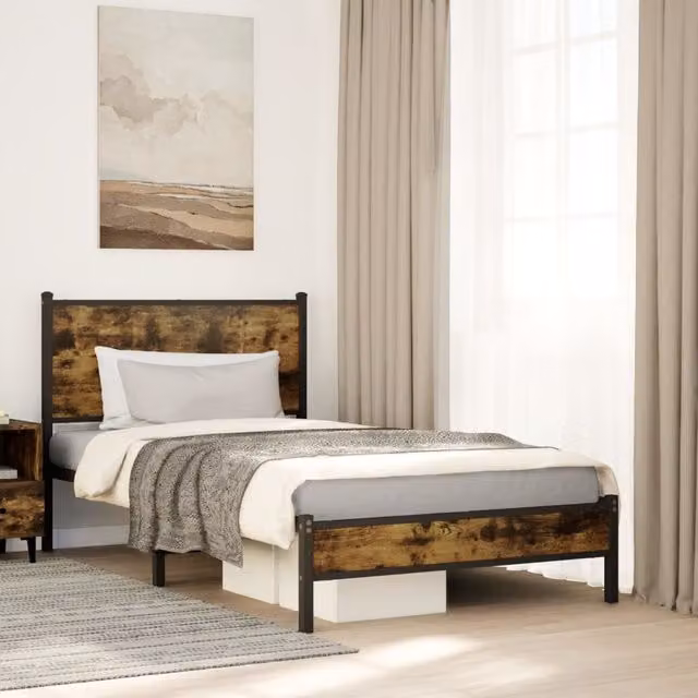 Berkfield Home Metal Bed Frame in Smoked Oak Brown, W/D/H: 100 x 200 cm