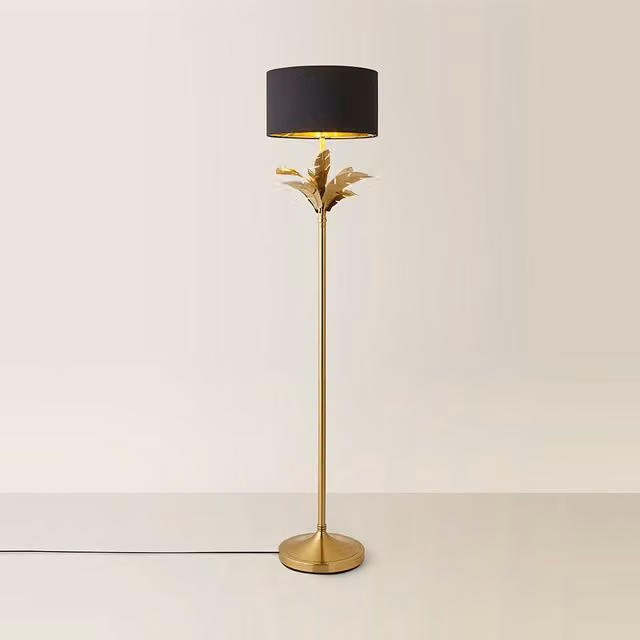 ValueLights Christina Palm Leaf Floor Lamp with Fabric and Metallic Cylinder Shade in Black, Gold and Beige