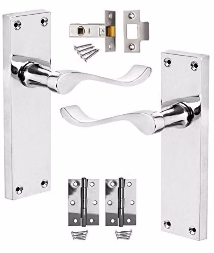 Golden Grace Scroll Latch Door Handles and Hinges in Polished Silver Zinc