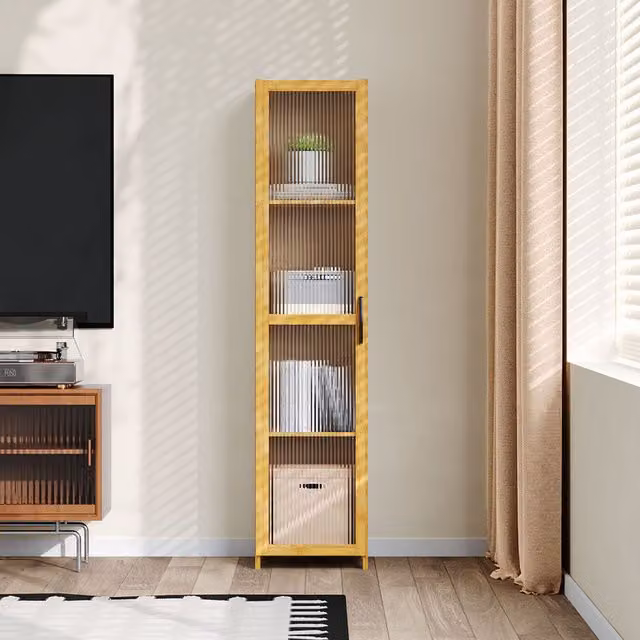 Livingandhome Modern Brown Wood Narrow Bookcase Storage Unit with Transparent Glass Doors