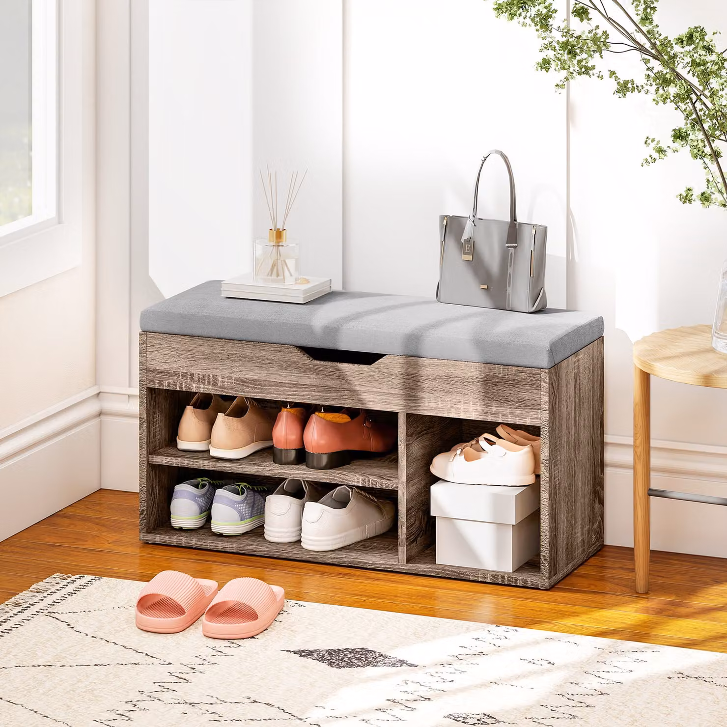 HOMCOM Grey Wood Grain Shoe Cabinet Bench with Padded Seat and Hidden Storage Organiser – 2