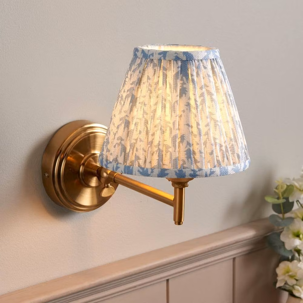 Netlighting Step Fold Wall Light in Blue Fabric with Gold/Brass Metal Accents, 16cm, B22 – 2
