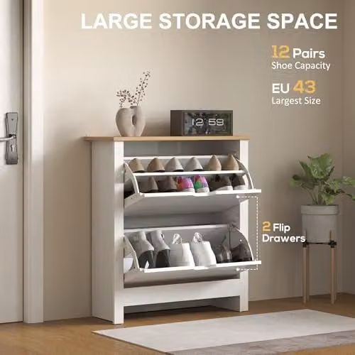HOMCOM Glossy White Shoe Storage Cabinet with Tilting Compartments and Internal Shelves – 3