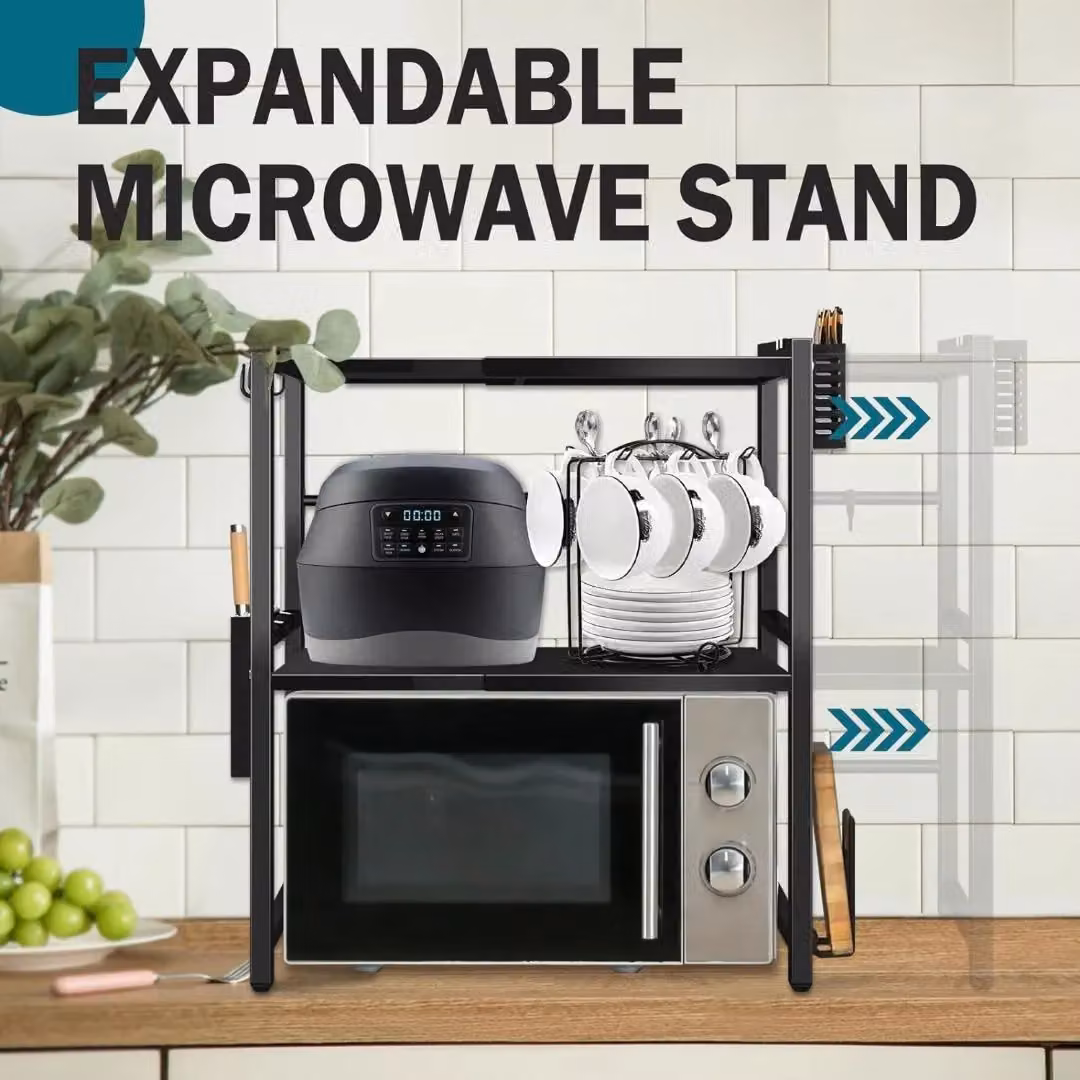 Hygrad 2-Tier Heavy Duty Extendable and Adjustable Microwave Oven Stand in Black Metal with 3 Hooks – 7