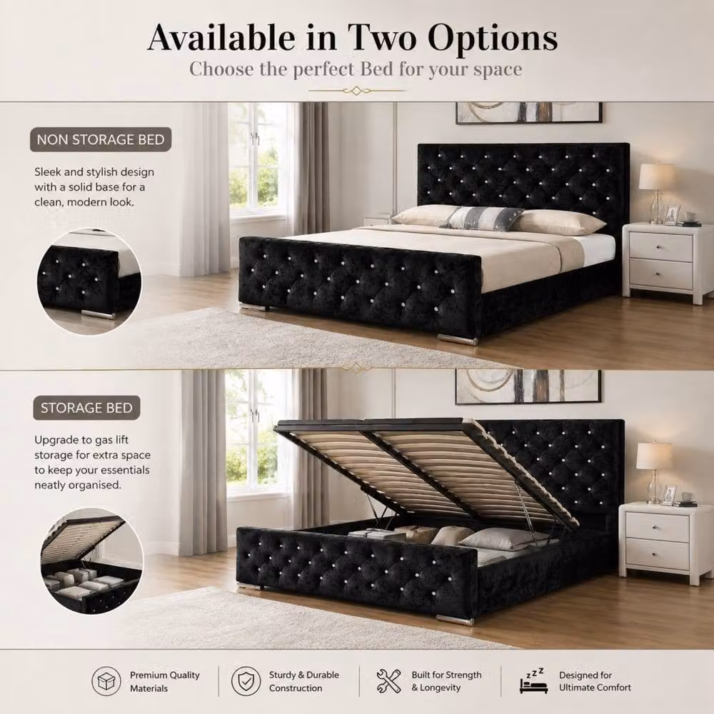 Stratus Interiors Florida Diamond Pattern Upholstered Plush Velvet Bed in Black, Super King, W/D/H: 200 x 180 x 180 cm – 3