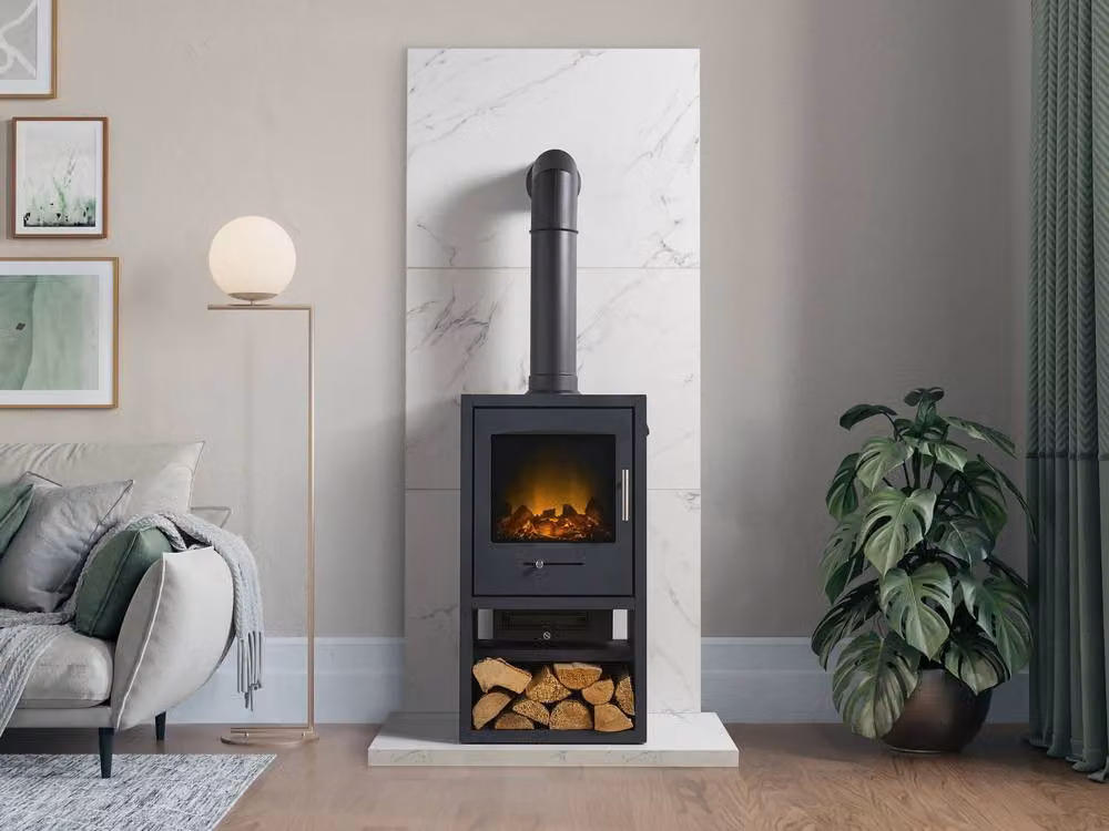 Acantha Bergen XL Stove and Tall Pipe Set with White Marble Effect Tile Hearth – 2