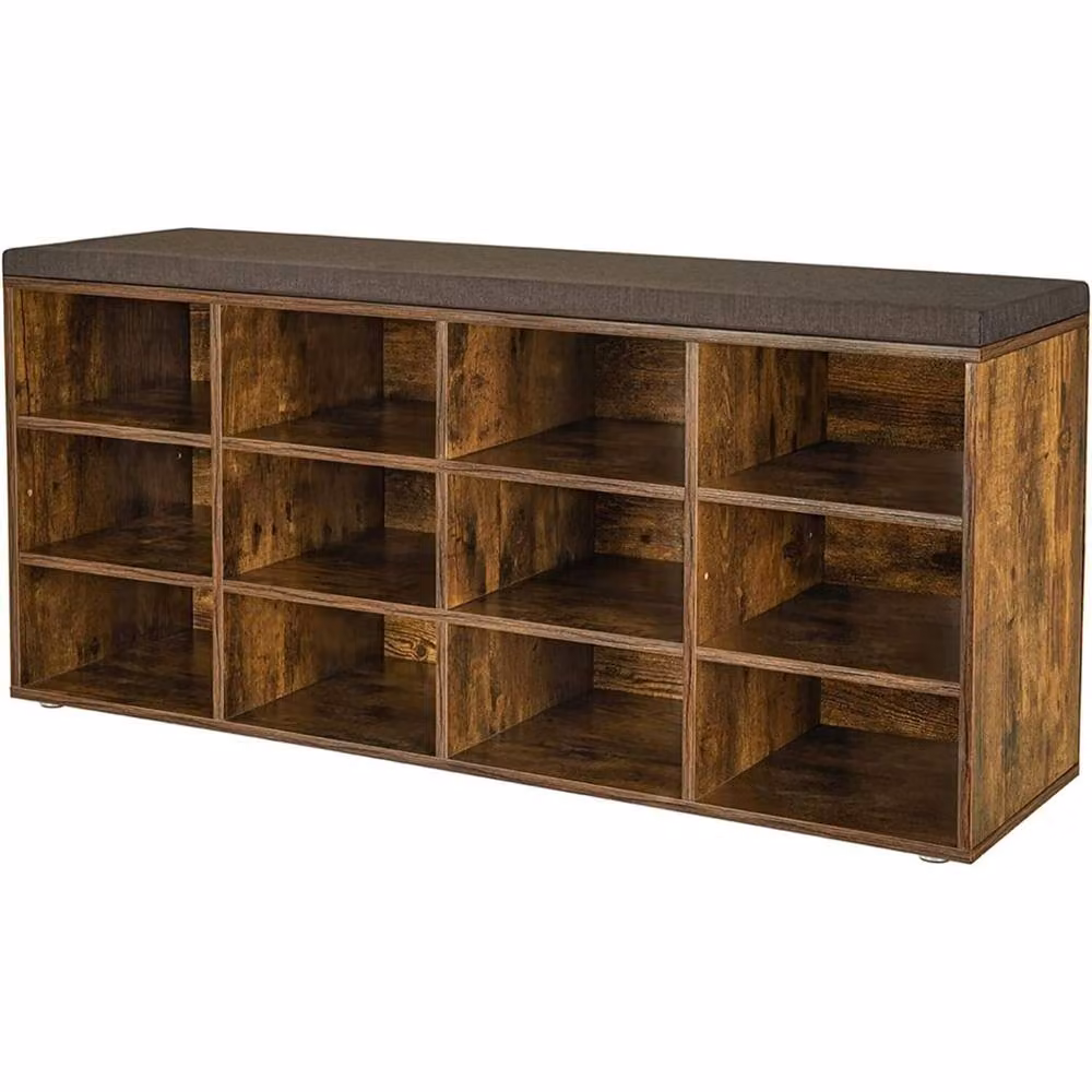 VASAGLE Brown 12 Compartment Shoe Storage Bench with Adjustable Shelves and Padded Seat – 5