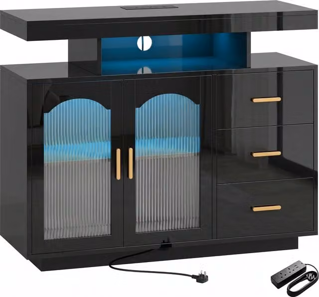 HOMCOM Modern High Gloss Black Sideboard with Integrated LED Lighting, Built-in Power Outlets, 3 Drawers, Shelves and 2 Acrylic Doors – 1