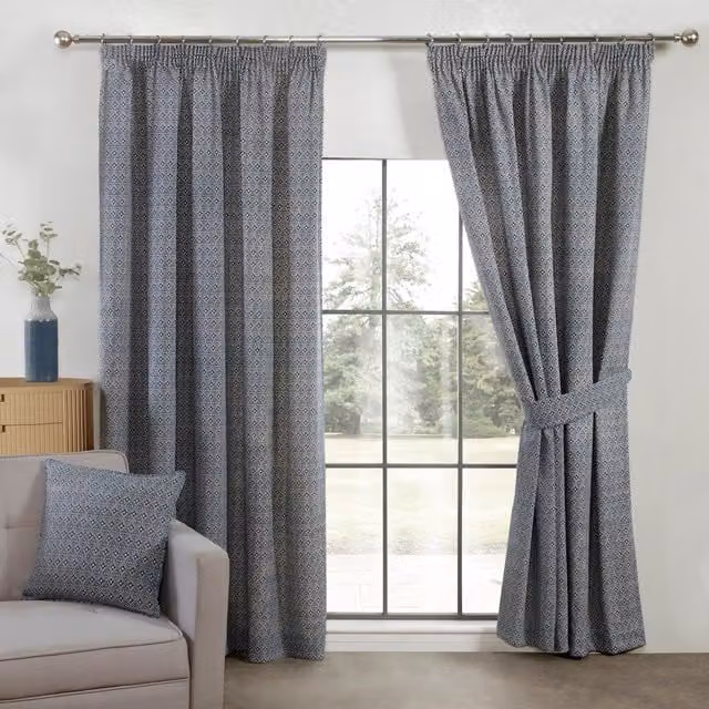 Sundour Aztec Navy Blue Pencil Pleat Fully Lined Ready Made Curtain Pair, Width: 168 cm, Drop: 229 cm