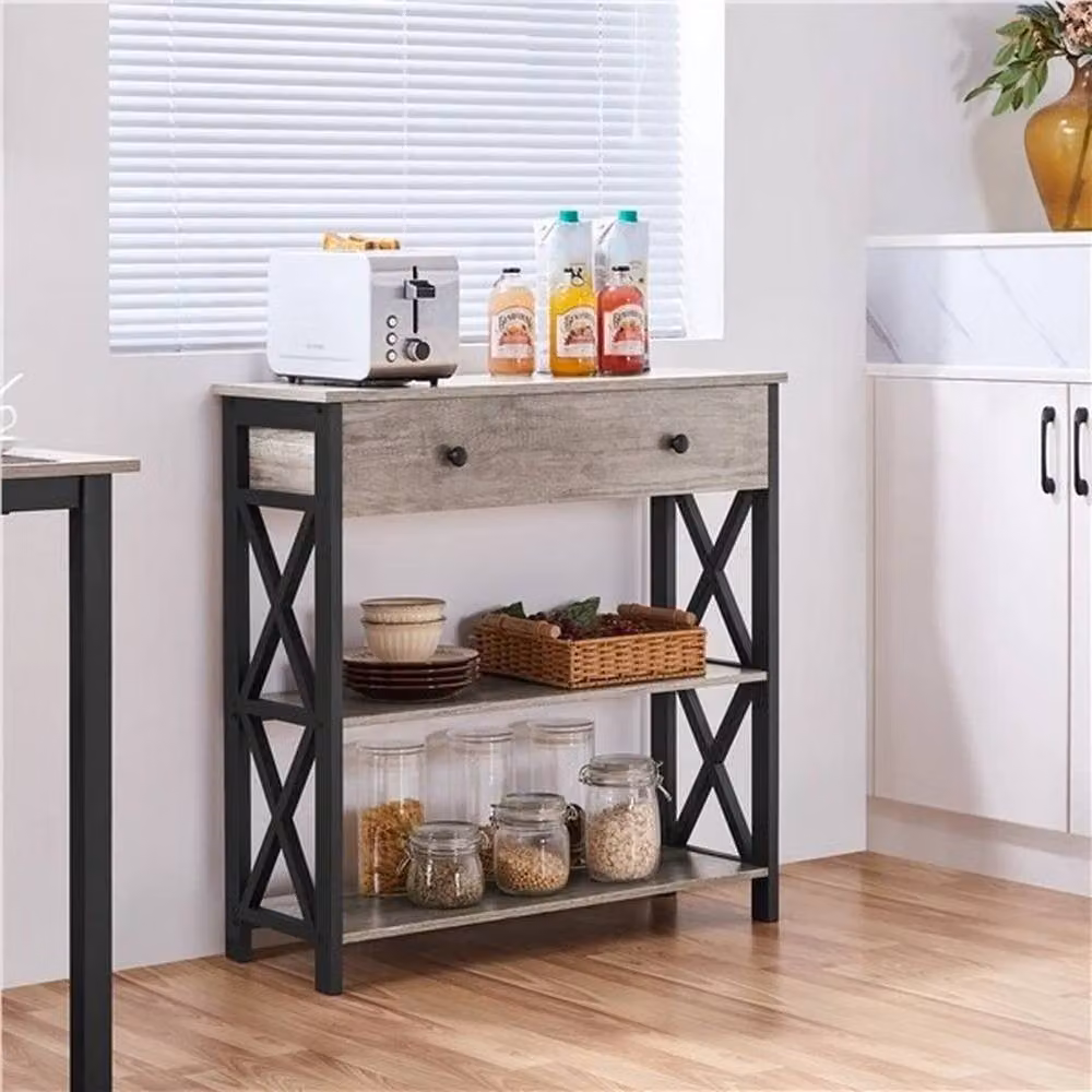 KORVIXA Industrial Console Table with Drawer and Storage Shelves in Grey, W/D/H: 100 x 100 x 80.5 cm – 4