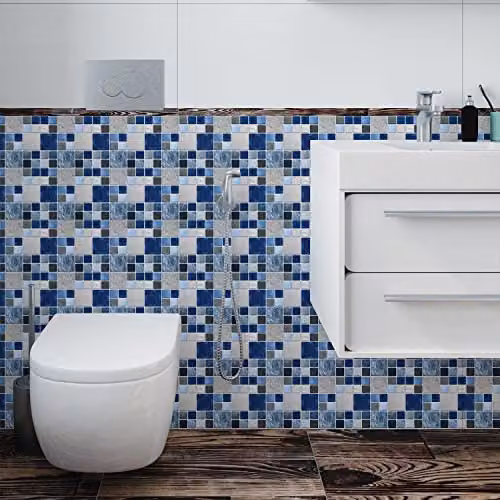 WALPLUS 24-Piece Blue and Grey Stone Selection Mosaic Wall Tile Sticker Set, W/D/H: 15 x 15 x 15 cm – 2