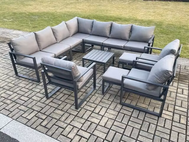 Fimous Dark Grey Powder Coated Aluminium Outdoor Garden Furniture Set with L-Shape Corner Sofa, Coffee Table and 2 Ottomans