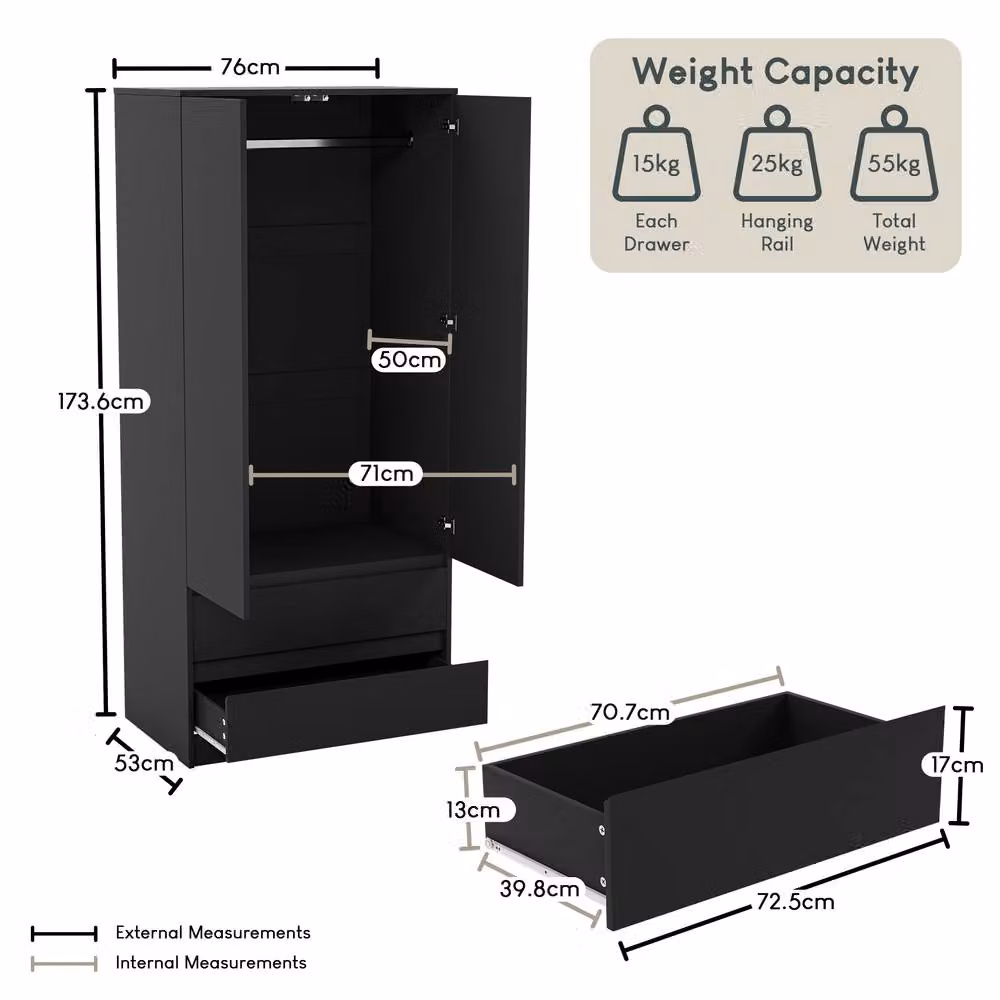 HD Designs Denver Modern 2 Door Wardrobe with Internal Drawers in Matt Black MDF – 2