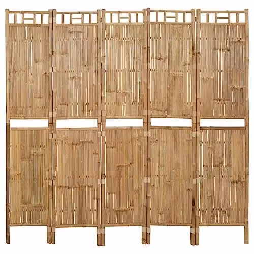 vidaXL 5-Panel Bamboo Room Divider, Brown, W: 200 cm, H: 180 cm