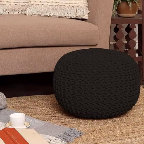 Snug City Black Chunky Knitted Cotton Round Pouffe Ottoman Footstool W/D/H: 50 x 50 x 30 cm – 7
