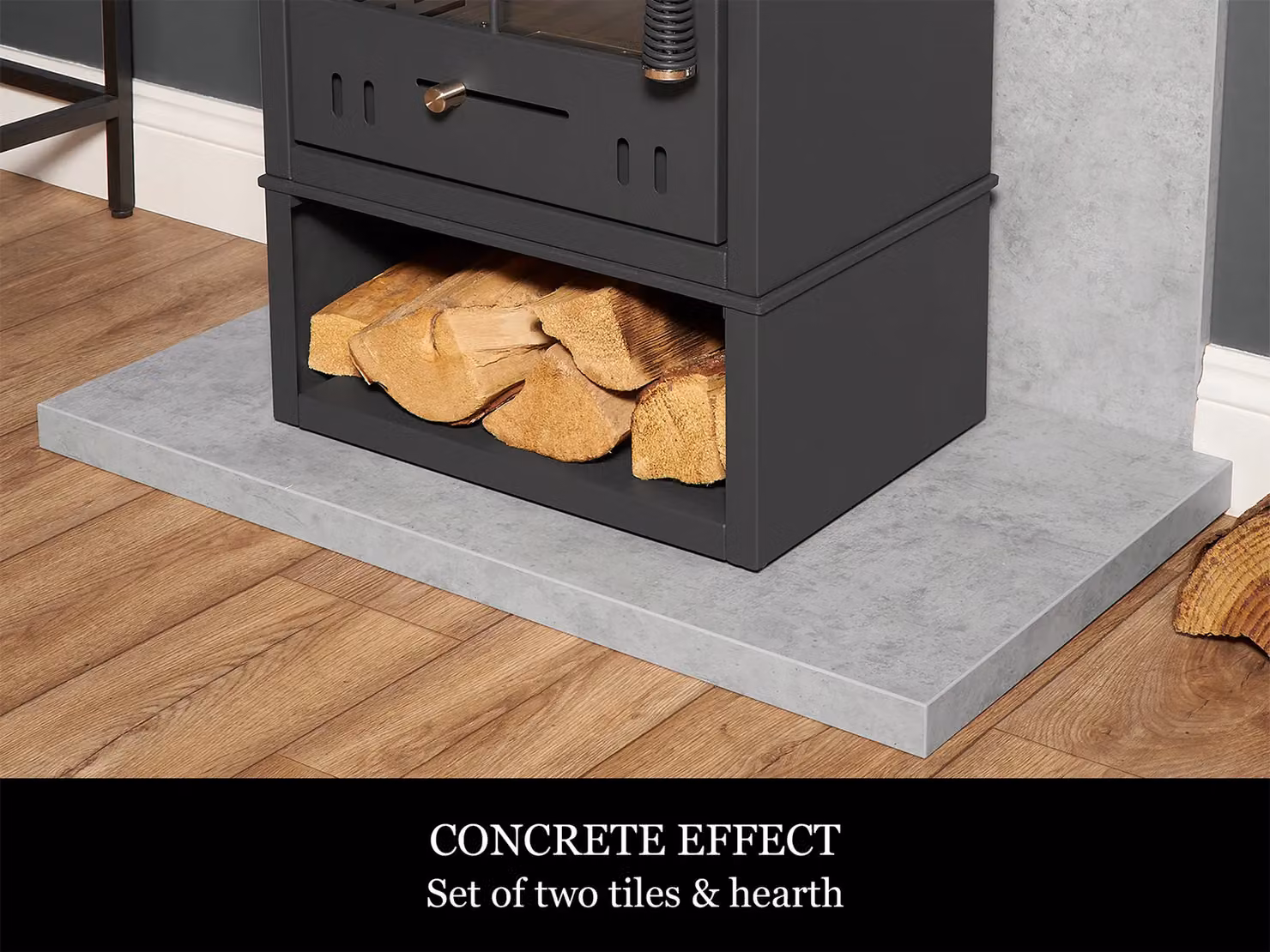 Acantha Fires & Fireplaces Tile & Hearth Set in Concrete Effect with OKO S2 Ethanol Stove and Angled Pipe in Black and Grey – 3