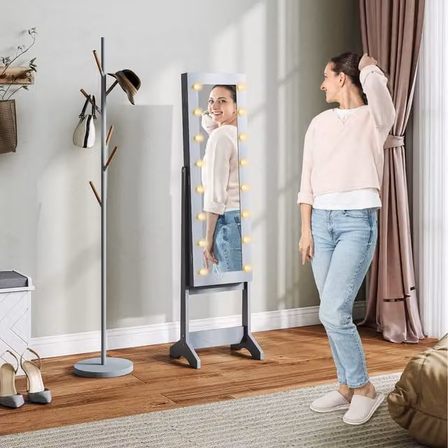 HOMCOM Grey Freestanding Jewelry Cabinet with LED Mirror and Internal Shelves