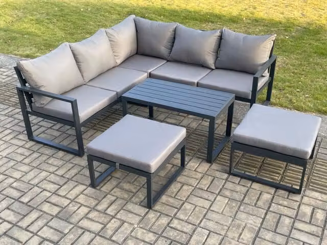 Fimous Modern L-Shape Aluminium Outdoor Garden Furniture Set in Dark Grey with 3-Seater Sofa, Coffee Table and 2 Ottomans