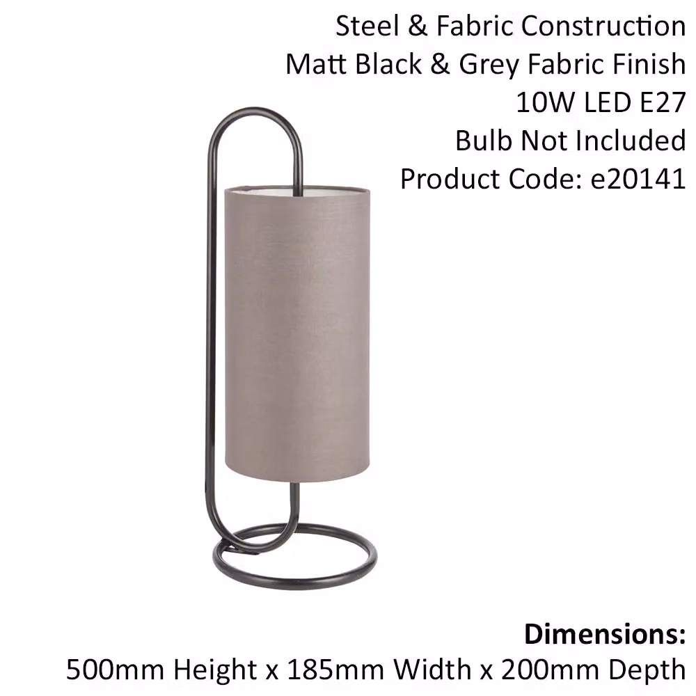 Loops Modern Matt Black Oval Table Lamp with Grey Fabric Cylinder Shade – 2