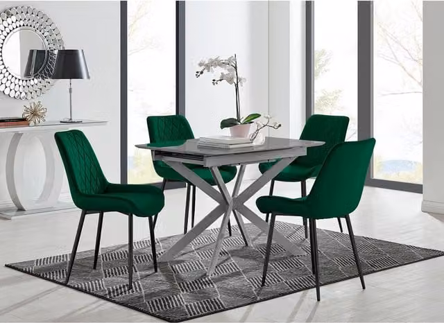FurnitureboxUK Lira Grey Metal Extending Rectangular Dining Table and 4 Green Upholstered Chairs with Black Legs