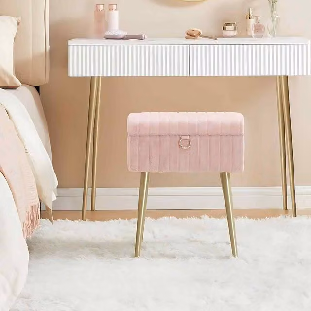 The Bazaarist Upholstered Velvet Storage Vanity Stool with Metal Legs in Light Pink