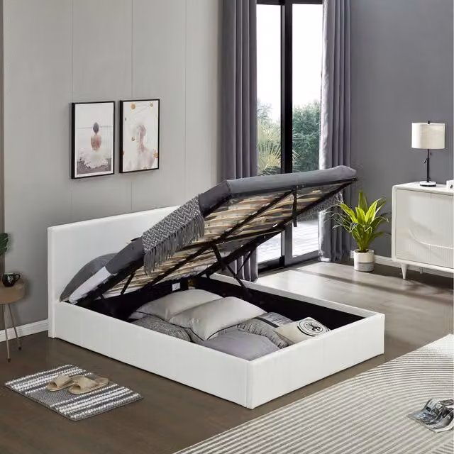 Birlea Merlin White Faux Leather Upholstered Ottoman Bed with Storage Frame, 140 x 200 cm