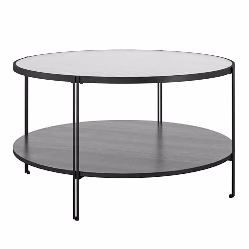 DHP Furniture Wainwright Modern Round Glass Coffee Table with Black Metal Legs, Diameter: 80 cm, Height: 45 cm – 1
