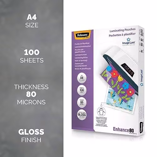 Fellowes A4 Gloss Laminating Pouches, 100 Sheets, 160 Micron, Transparent – 2