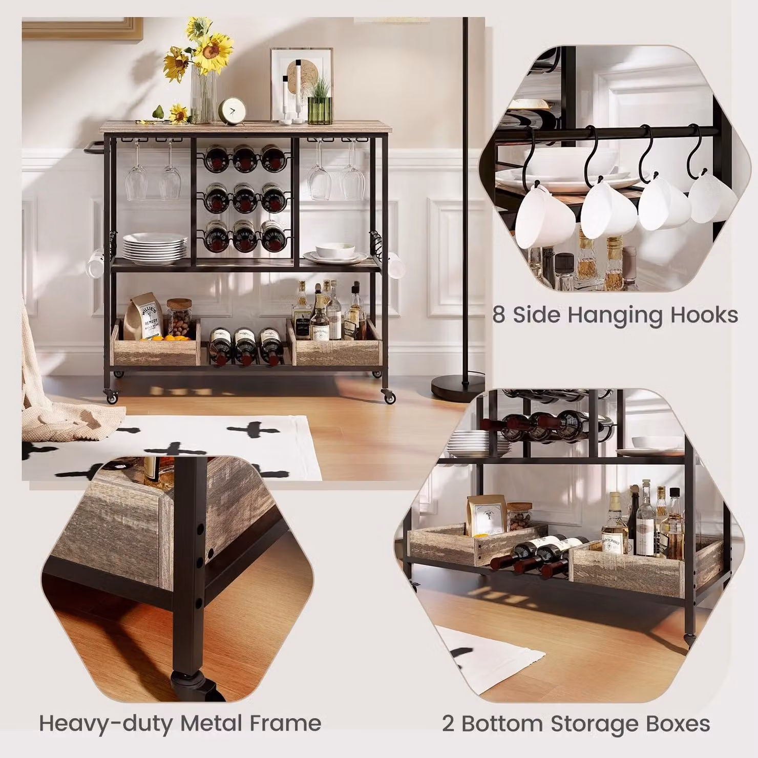 Costway 3 Tier Kitchen Bar Cart with Glass Racks in Grey – 5