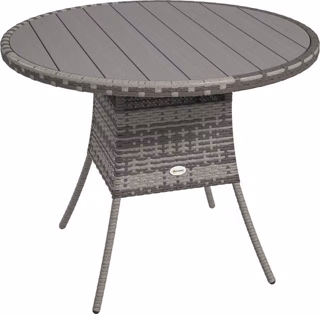 Outsunny Grey Wood-Effect Rattan Round Garden Table for Four, Diameter: 90 cm – 1