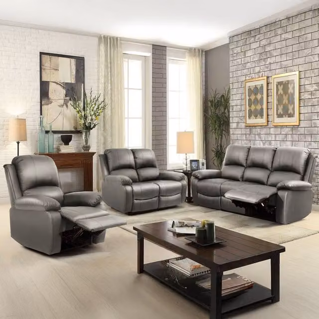 Comfy Living Bonded Leather Reclining Sofa Set in Light Grey, including 3 Seater Sofa, 2 Seater Sofa and Armchair