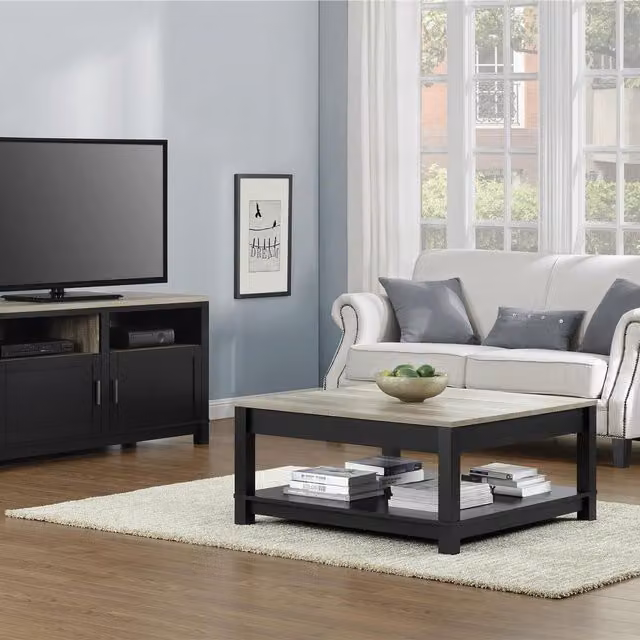Carver square coffee table with 1 shelf in black and brown rustic finish