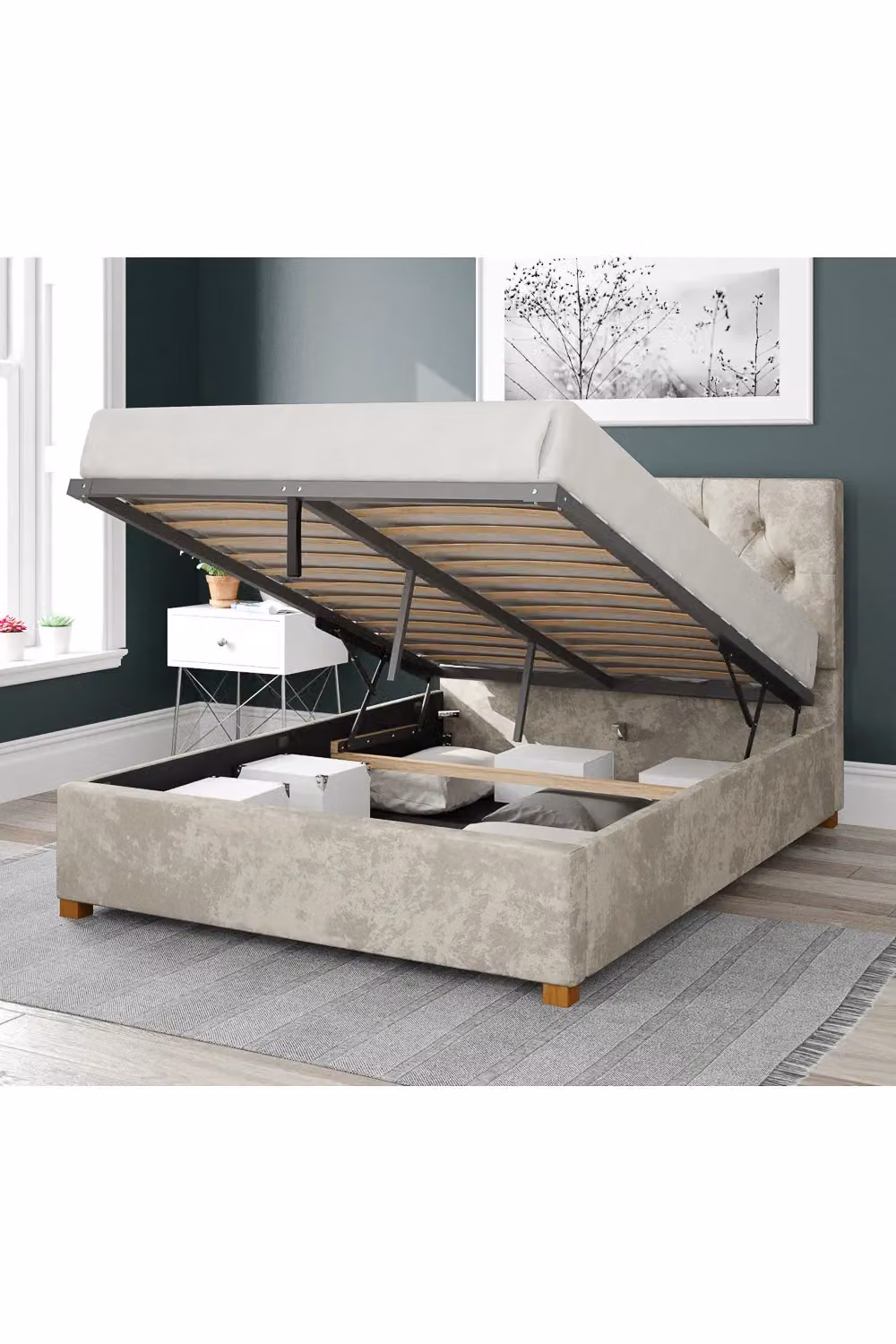 Aspire Olivier Chesterfield Upholstered Ottoman Storage Bed in White Velvet Fabric, W/D/H: 140 x 200 cm – 2