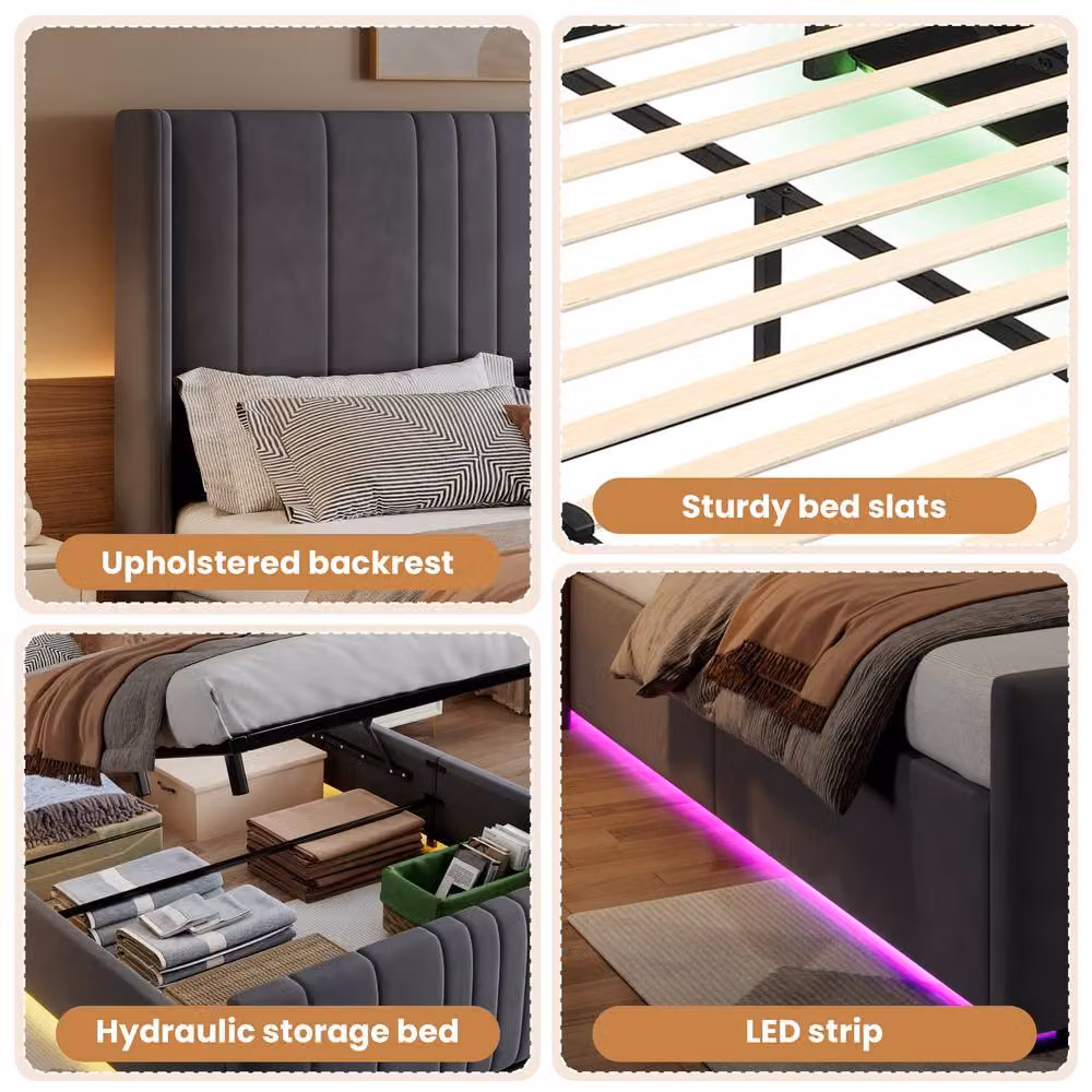 Merax Double Velvet Ottoman Storage Bed with LED Lighting, Grey, W/D/H: 140 x 200 x 121 cm – 3