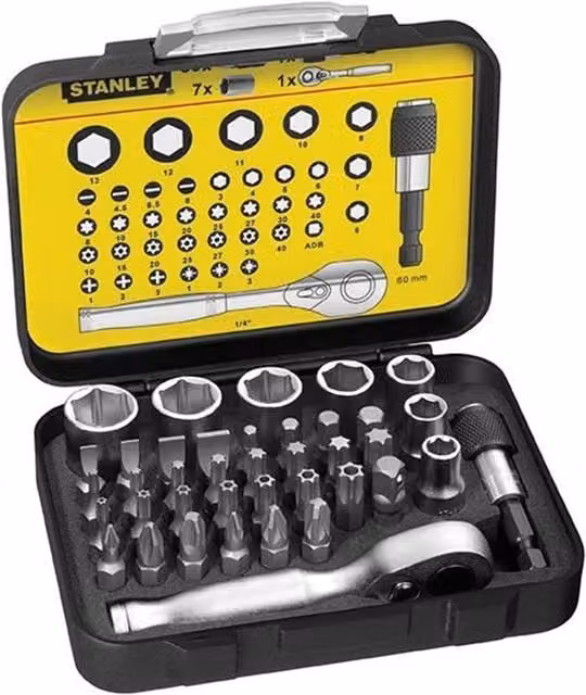 Stanley 39 Piece 1/4in Drive Ratchet, Bit and Socket Set in Black and Multicolour