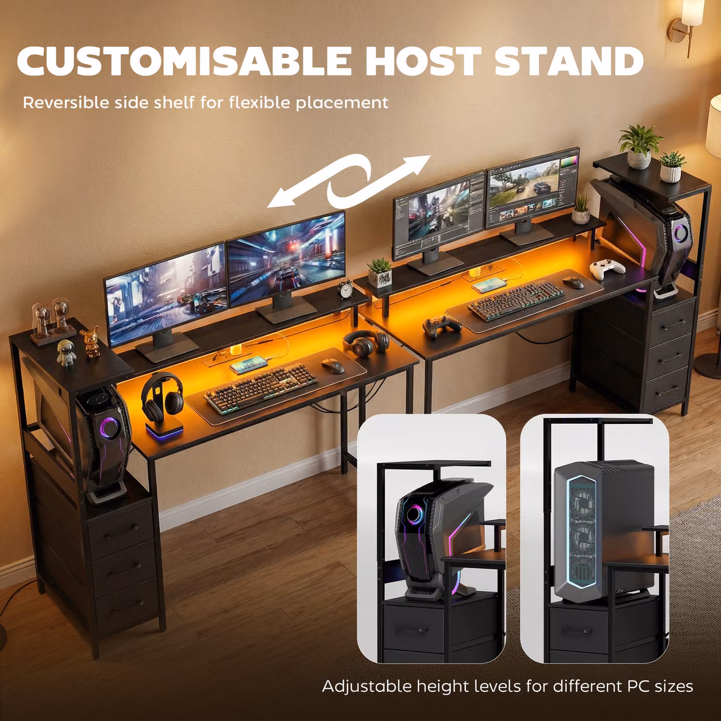 HOMCOM Black Gaming Desk with Charging Station, Monitor Stand and RGB Lights, W: 147 cm – 4