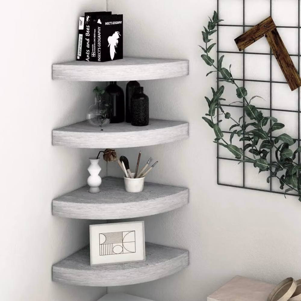 Berkfield Home Wall Mounted Corner Shelves, 4 Piece Set, Concrete Grey MDF and Metal, W/D/H: 25 x 25 x 3.8 cm – 2