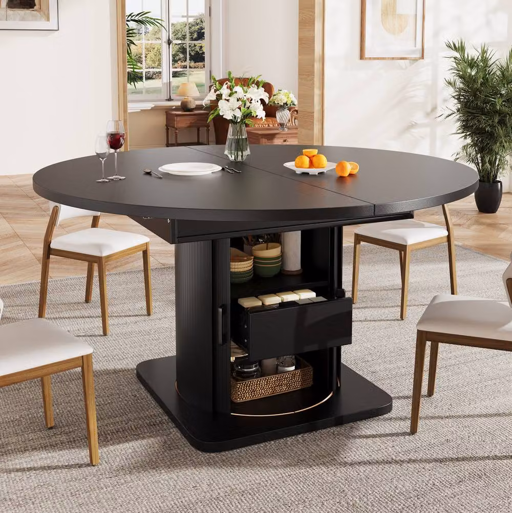 STILVORA Extendable Modern Dining Table in Black with Butterfly Leaf and Central Column, W: 118 cm, H: 76 cm – 2