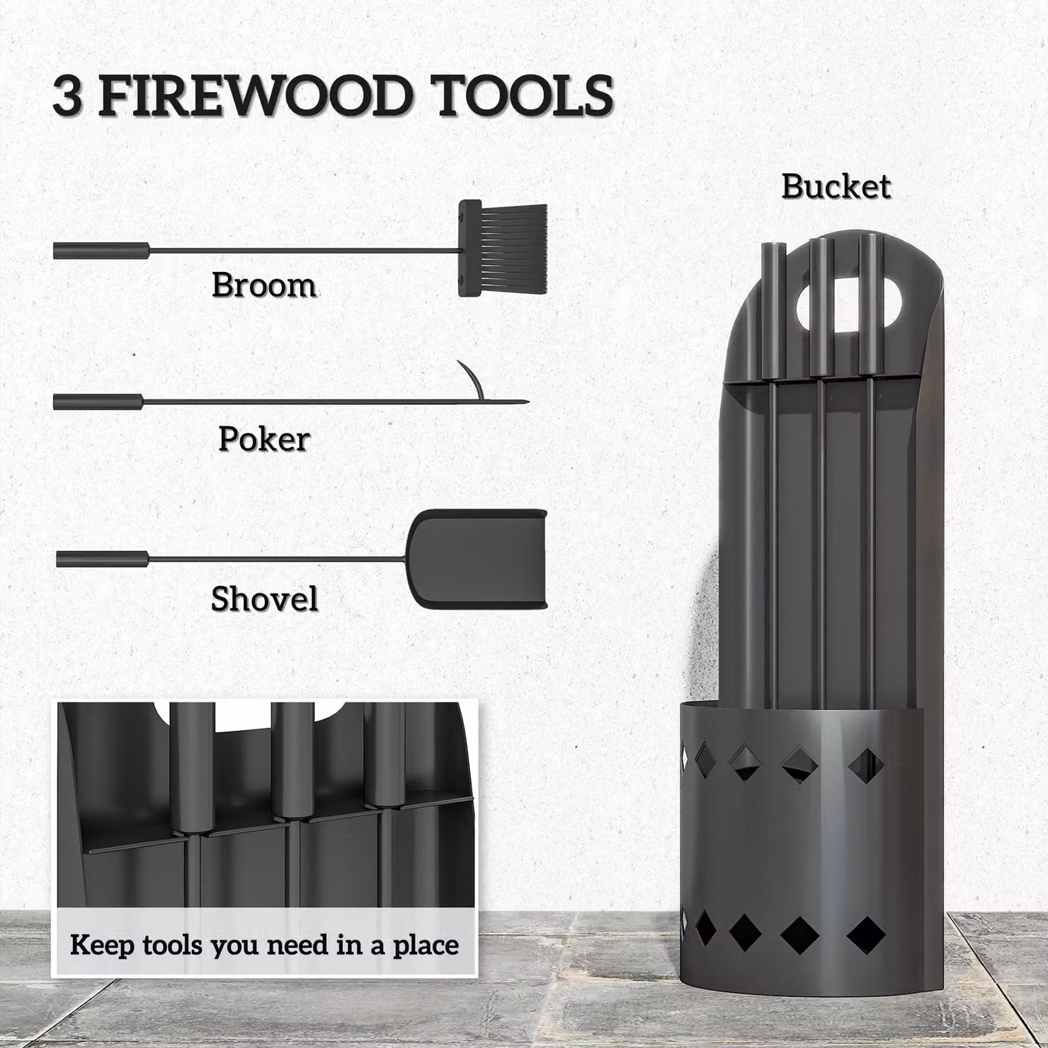 Outsunny 4 Piece Metal Fireplace Companion Set with Broom, Shovel, Poker and Bucket, Black – 3