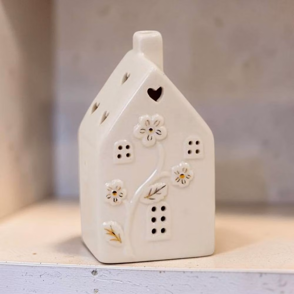 Four Candle White Glazed Ceramic House LED Ornament with Textured Detail – 2