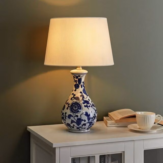 Wyld and Coco Blue and White Ceramic Table Lamp with Fabric Cylinder Shade