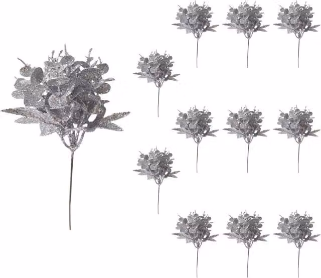 Shatchi Silver Glitter Eucalyptus and Maple Leaf Pick, 12 Pack, Height: 17 cm – 1