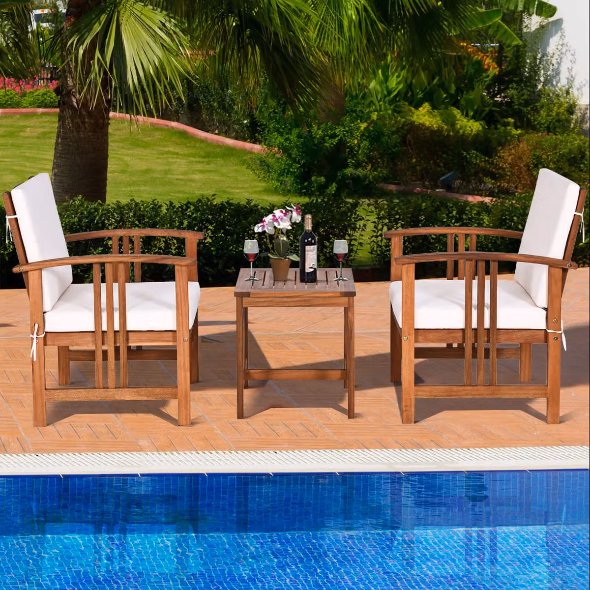 Gymax 3-Piece Outdoor Acacia Wood Sofa Set with White Upholstered Cushions – 3