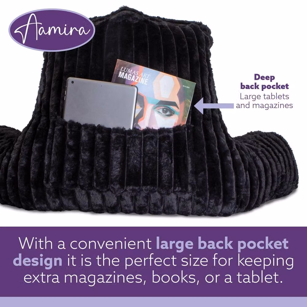 Aamira Black Faux Fur Ribbed Memory Foam Wedge Reading Pillow Support Cushion – 5