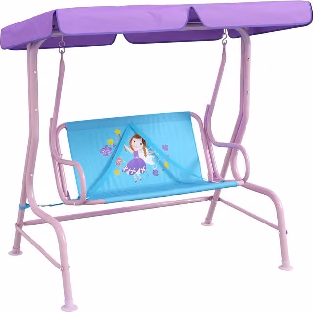 Outsunny 2 Seater Fairy Themed Kids Garden Swing Chair with Adjustable Canopy and Safety Belts